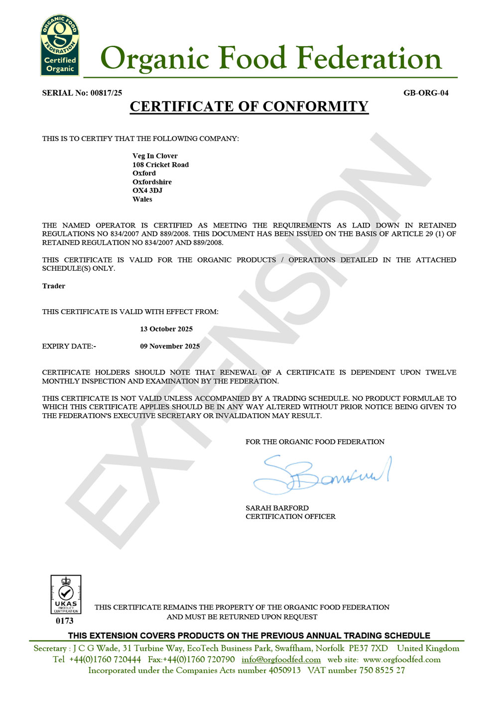 Organic Food Fed Certificate 2025 extension